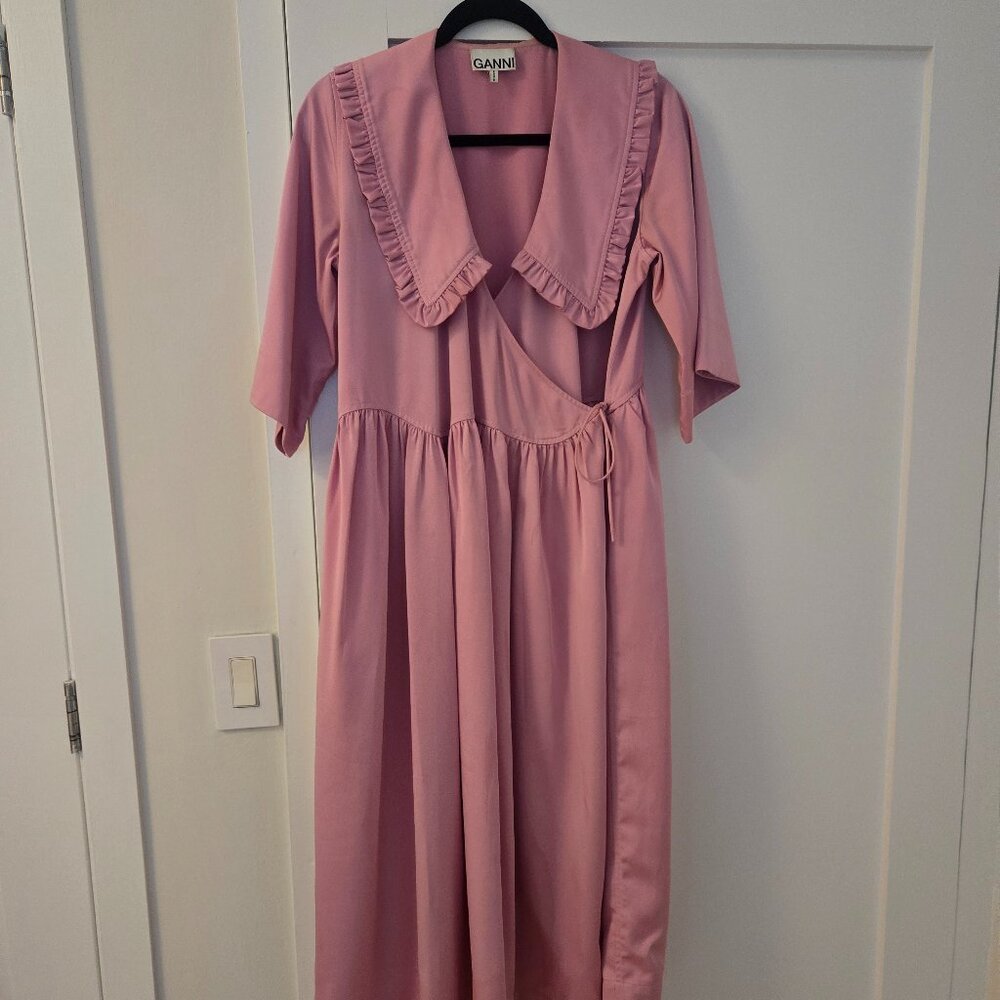 Ganni Pink Smocked Ruffle Collar Wrap Dress (Size XS)